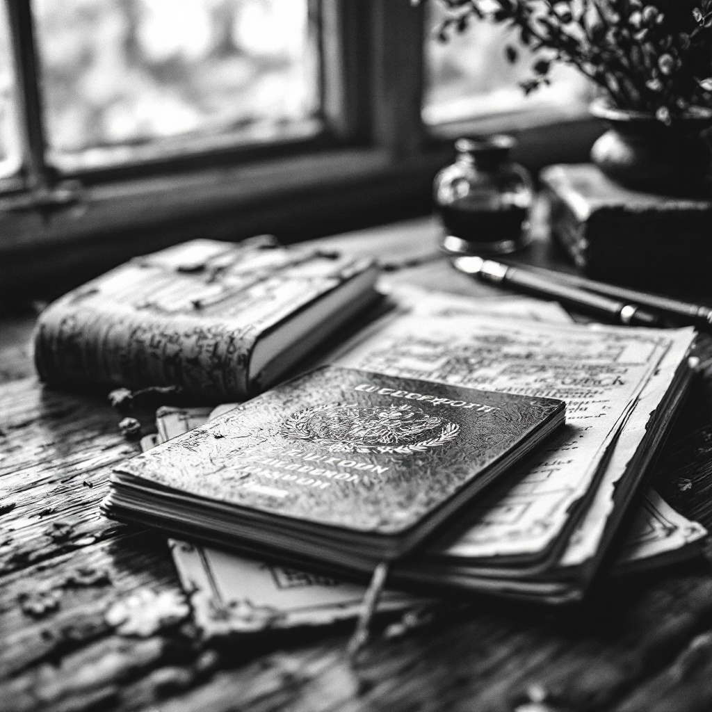 A close-up of a travel passport on a wooden table surrounded by notebooks and papers.
