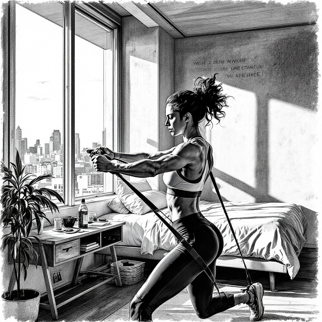 A woman works out with resistance bands in a hotel room.