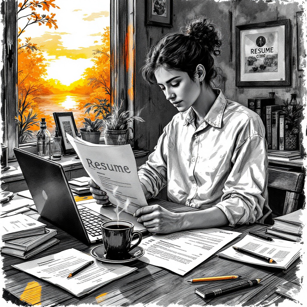 A woman reviews her resume while enjoying a cup of coffee at a cozy workspace.