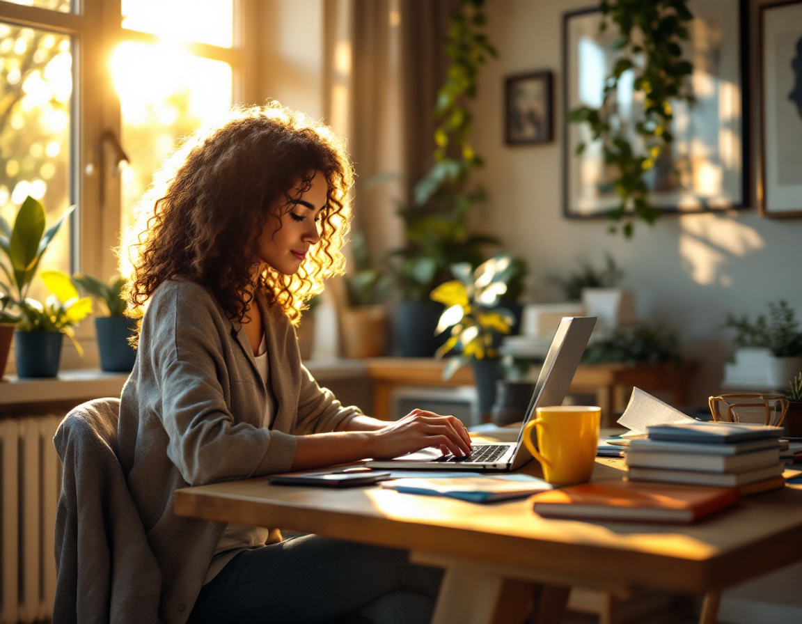 A woman does remote work on her laptop, surrounded by plants in a bright room