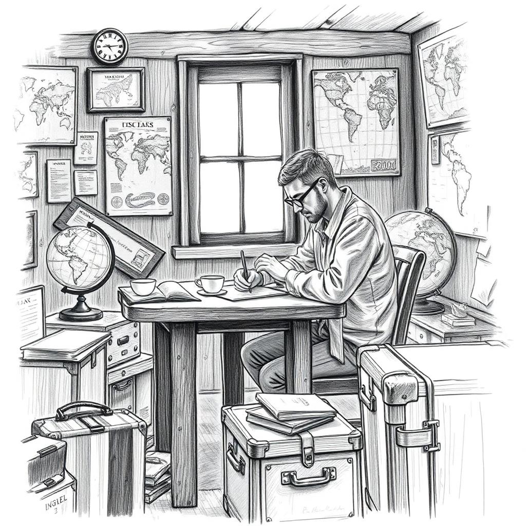 A thoughtful traveler sits at a desk, planning for the next adventure