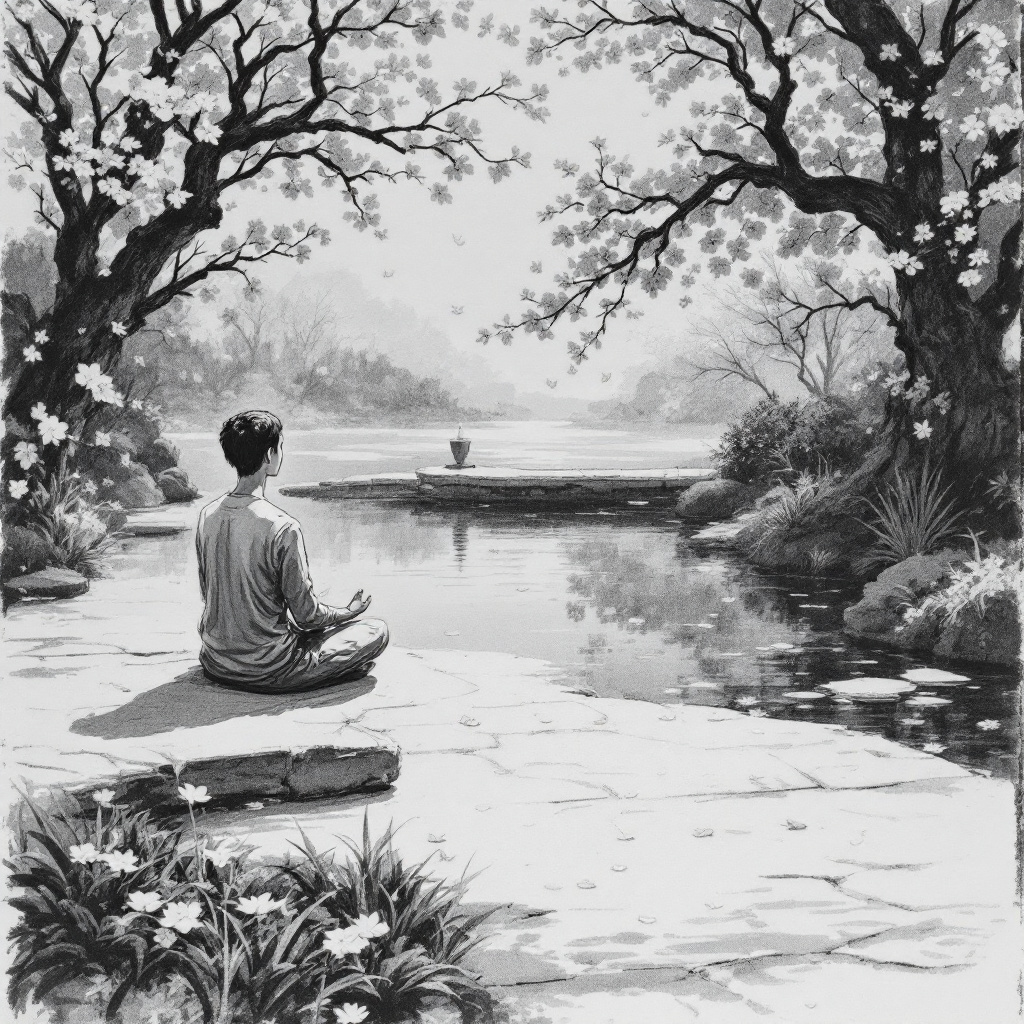 A person meditating peacefully by a serene riverbank surrounded by flowers.