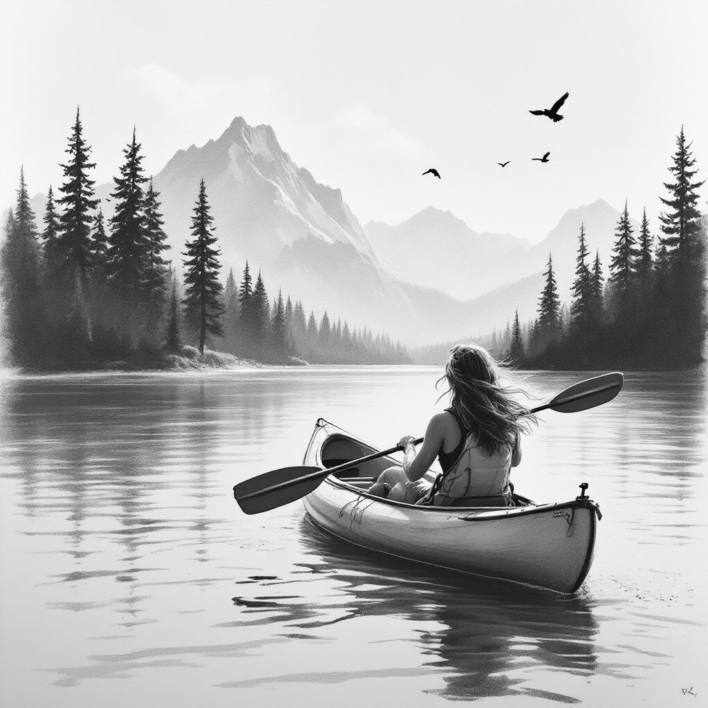 A woman kayaking on a calm lake surrounded by tall trees and mountains.