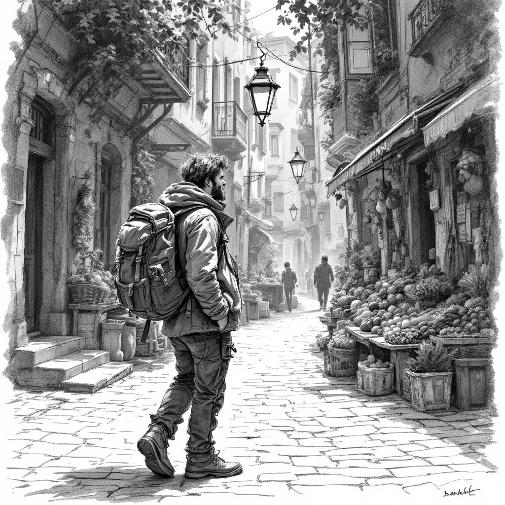 A lone traveler strolls through a charming, quiet street lined with shops and lanterns.