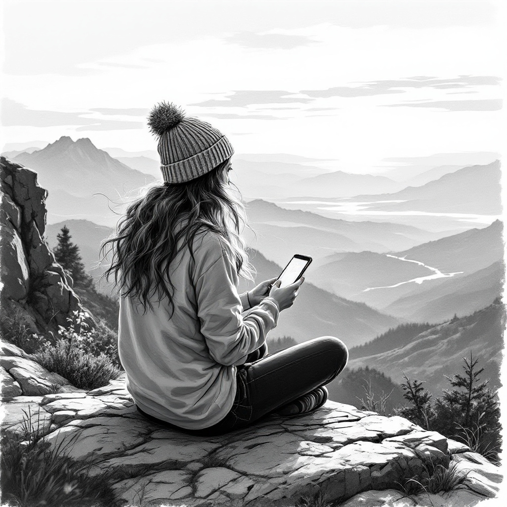 A woman sitting on a rock, enjoying a stunning mountain view while using her phone.