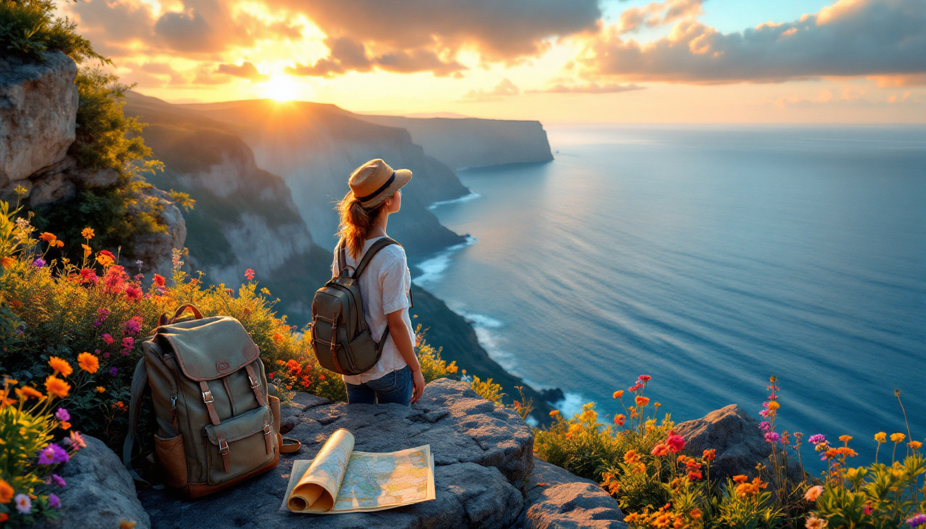 A traveler enjoys a sunset view from a cliffside, surrounded by colorful flowers.