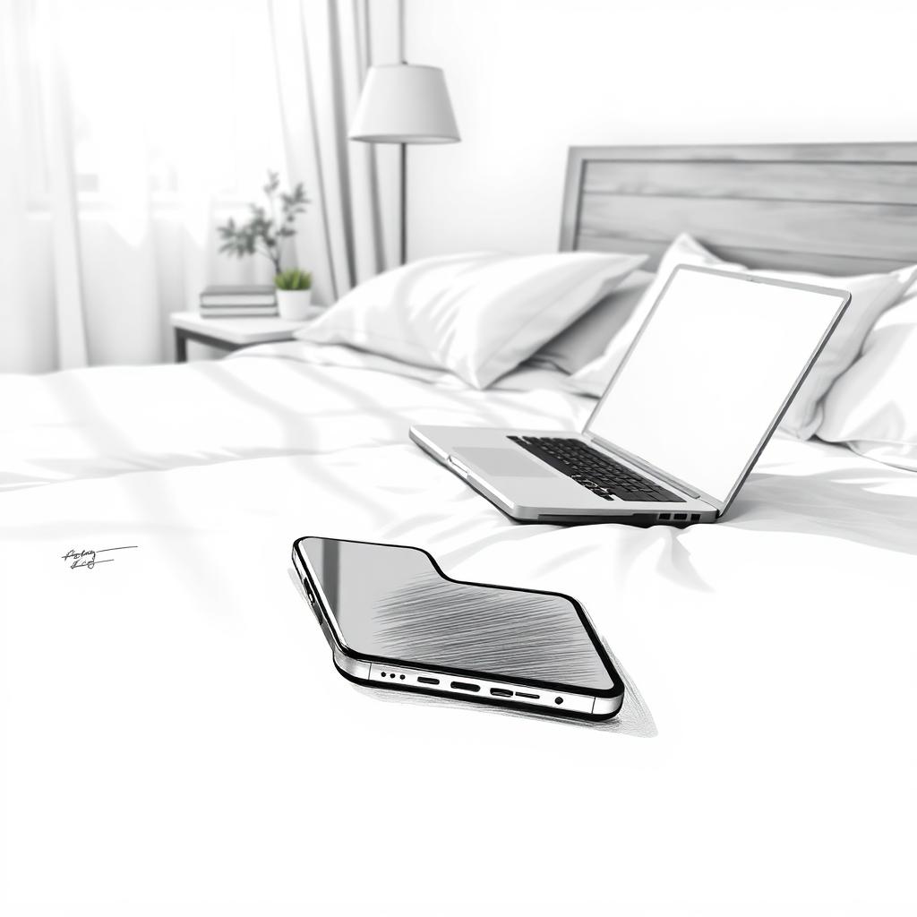 A smartphone rests on a neatly made bed with a laptop nearby.