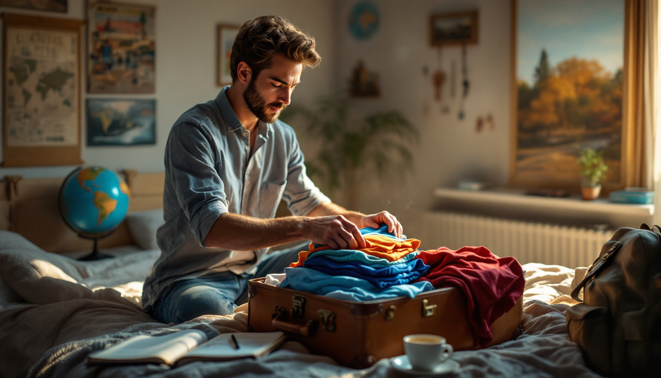 A man carefully packs colorful clothes into a suitcase on a bed.