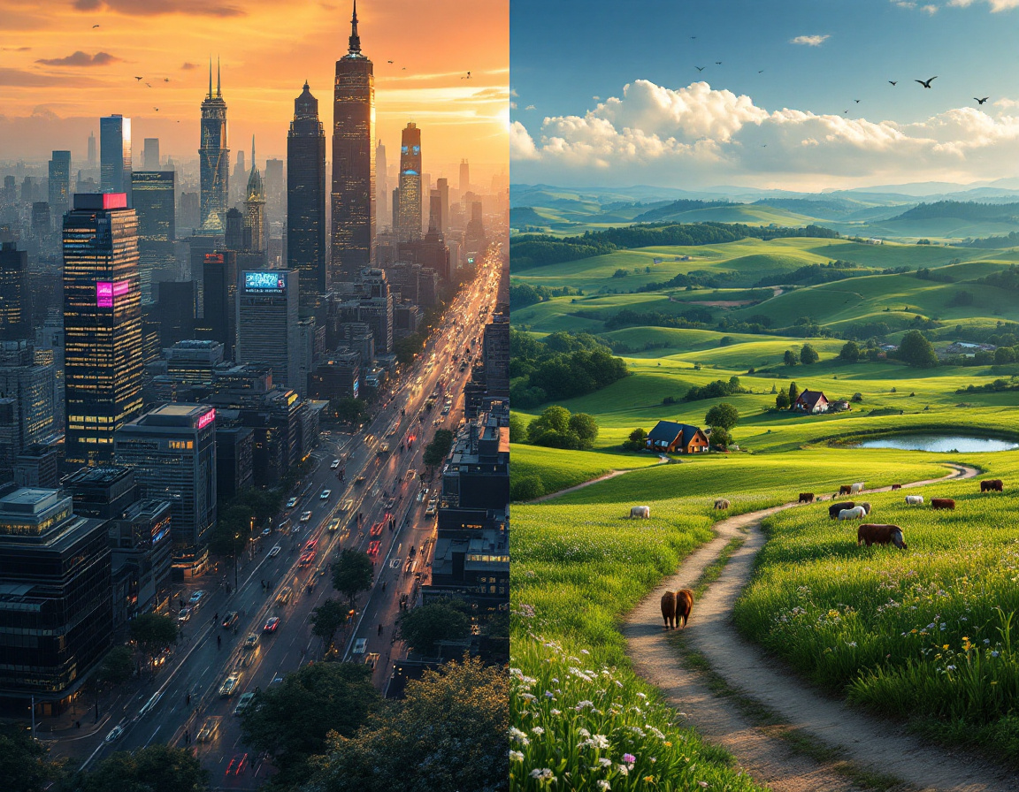 A vibrant city skyline at sunset with tall buildings and busy streets on the left. A peaceful countryside scene featuring rolling green hills and farms on the right.