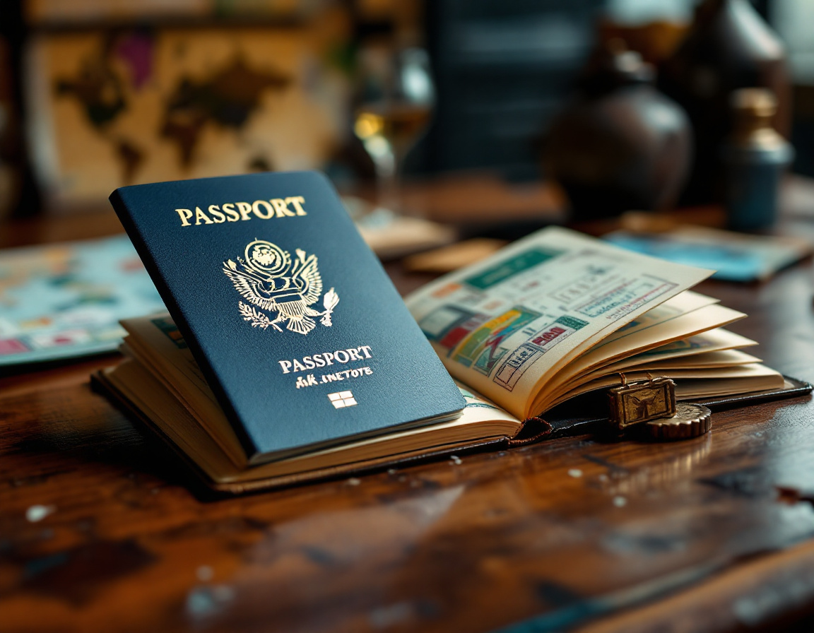 A close-up of a passport and travel journal on a wooden table.