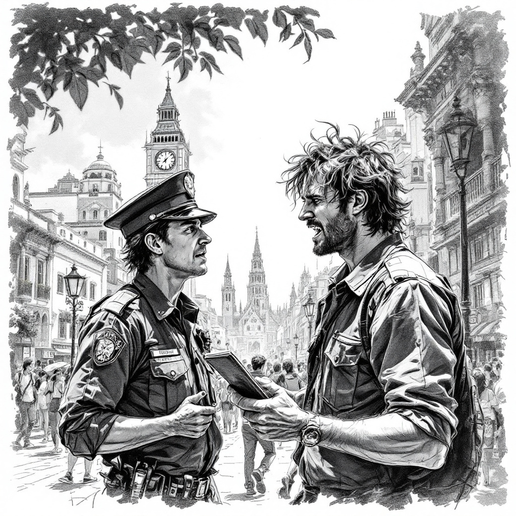 A police officer speaks with a civilian in a busy city square.