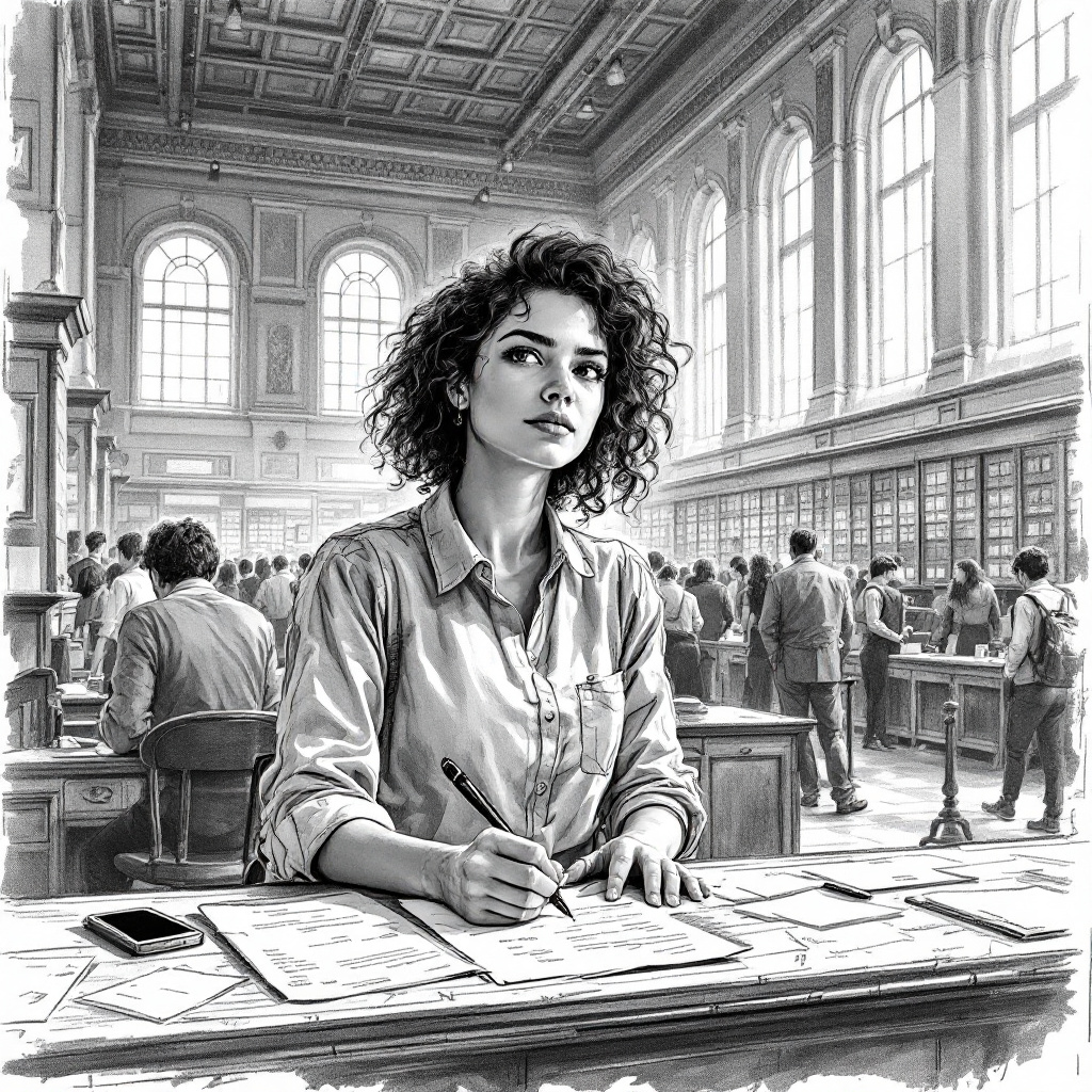 The woman focuses on her documents while others work in the background.