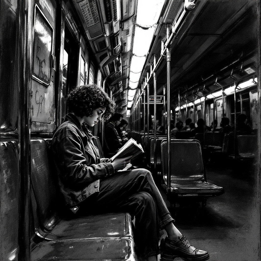 A woman reads a book while riding a subway train.